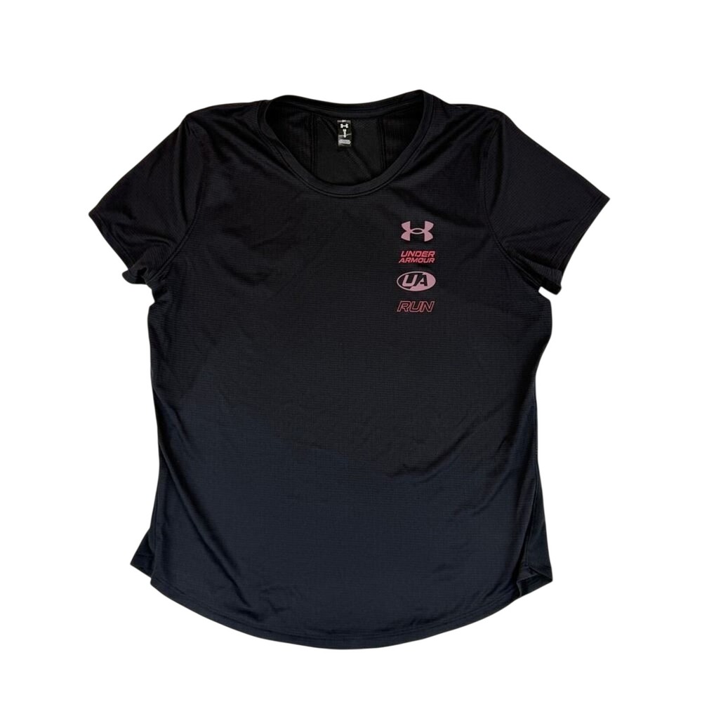 Under Armour Run Womens Black Pink Graphic Mesh Back Performance‎ Tee Shirt LG - Picture 2 of 8